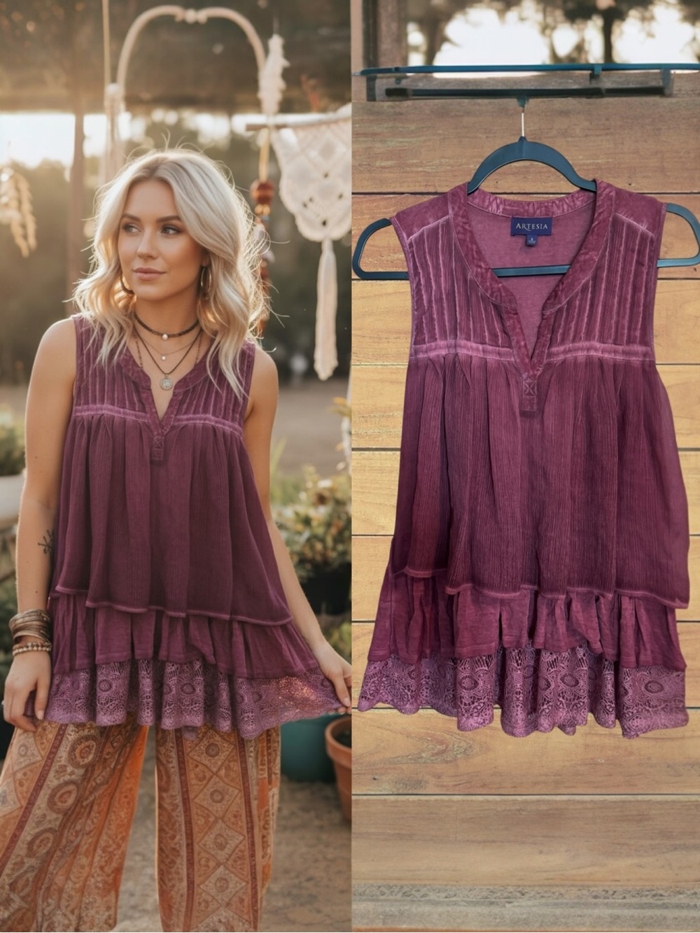 Artesia Boho Tiered Lace Ruffle Pleated Boho Tunic Tank Top In Dusty Rose Small